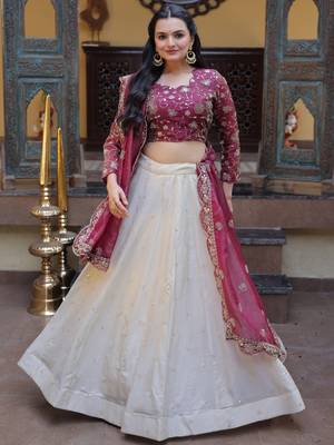 off white silk engagement lehenga with zari sequins work 4