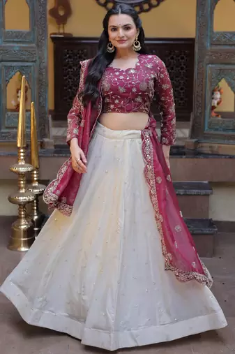 off white silk engagement lehenga with zari sequins work