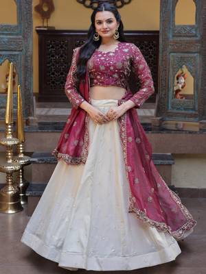 off white silk engagement lehenga with zari sequins work 5