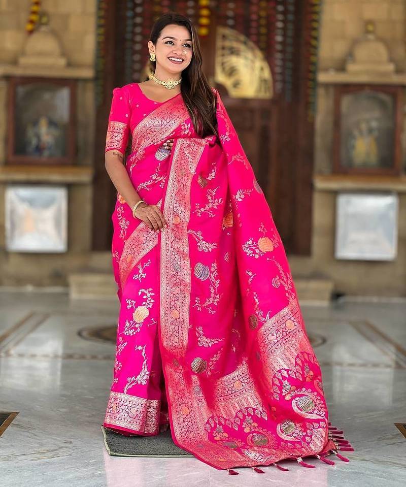 Pink Color zari weaving Work Silk Saree