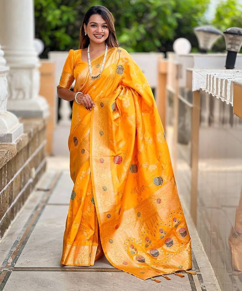 Yellow Color zari weaving Work Silk Saree