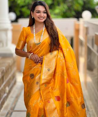 Yellow Color zari weaving Work art silk saree 2