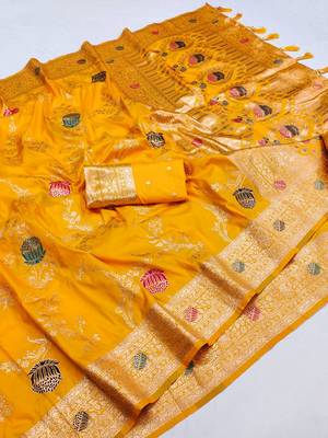 Yellow Color zari weaving Work art silk saree 3