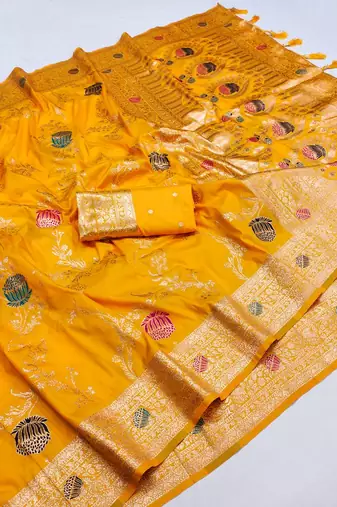Yellow Color zari weaving Work art silk saree
