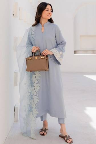 Light blue chanderi silk heavy thread embroidery on sleeve and dupatta kurta pant set