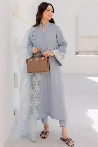 Light blue chanderi silk heavy thread embroidery on sleeve and dupatta kurta pant set