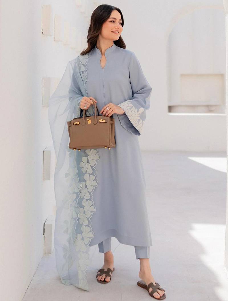 Light blue chanderi silk heavy thread embroidery on sleeve and dupatta kurta pant set