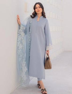 Light blue chanderi silk heavy thread embroidery on sleeve and dupatta kurta pant set 2