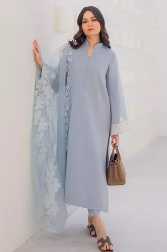 Light blue chanderi silk heavy thread embroidery on sleeve and dupatta kurta pant set