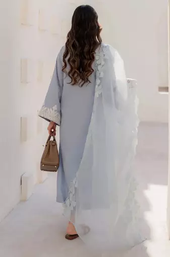 Light blue chanderi silk heavy thread embroidery on sleeve and dupatta kurta pant set