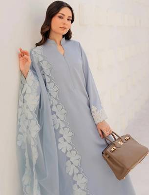 Light blue chanderi silk heavy thread embroidery on sleeve and dupatta kurta pant set 4