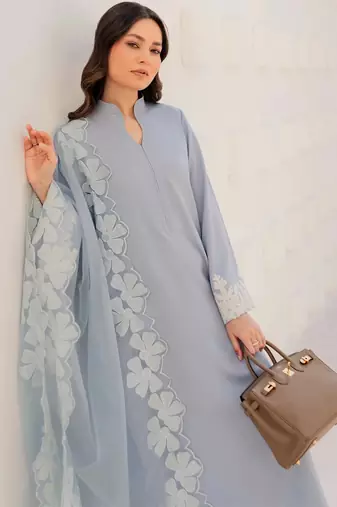 Light blue chanderi silk heavy thread embroidery on sleeve and dupatta kurta pant set