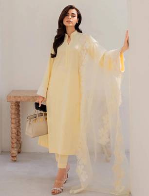 Yellow chanderi silk heavy thread embroidery on sleeve and dupatta kurta pant set 1