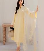 Yellow chanderi silk heavy thread embroidery on sleeve and dupatta kurta pant set