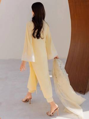 Yellow chanderi silk heavy thread embroidery on sleeve and dupatta kurta pant set 3