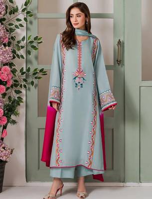 Light blue french crepe heavy thread embroidery with mirror work kurta pant set 1