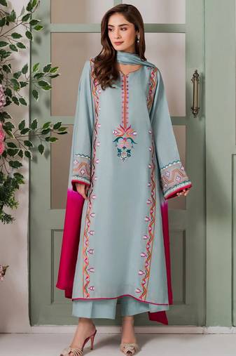 Light blue french crepe heavy thread embroidery with mirror work kurta pant set