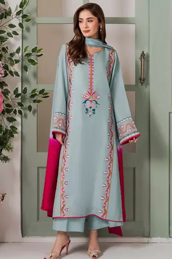 Light blue french crepe heavy thread embroidery with mirror work kurta pant set