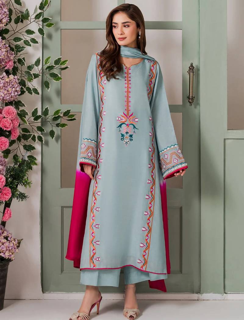 Light blue french crepe heavy thread embroidery with mirror work kurta pant set