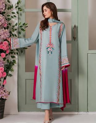 Light blue french crepe heavy thread embroidery with mirror work kurta pant set 2
