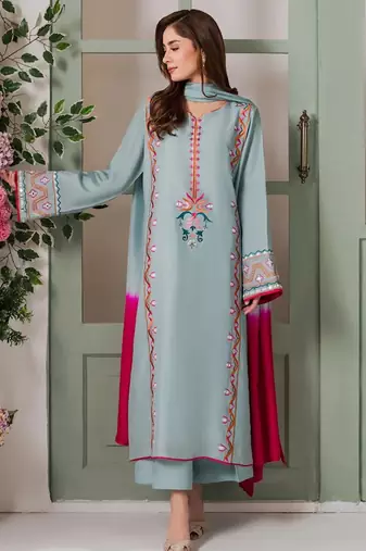 Light blue french crepe heavy thread embroidery with mirror work kurta pant set