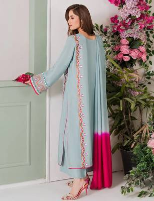 Light blue french crepe heavy thread embroidery with mirror work kurta pant set 3