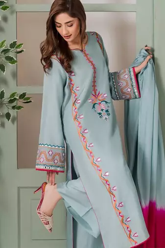 Light blue french crepe heavy thread embroidery with mirror work kurta pant set