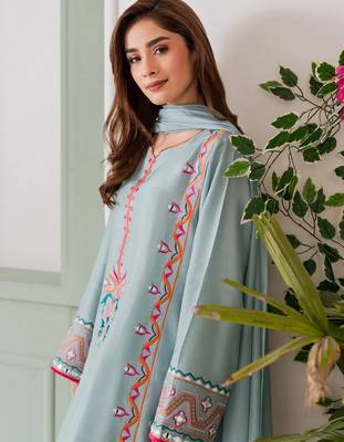 Light blue french crepe heavy thread embroidery with mirror work kurta pant set 5