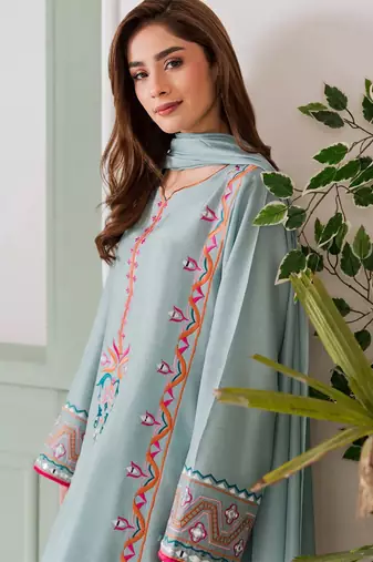 Light blue french crepe heavy thread embroidery with mirror work kurta pant set