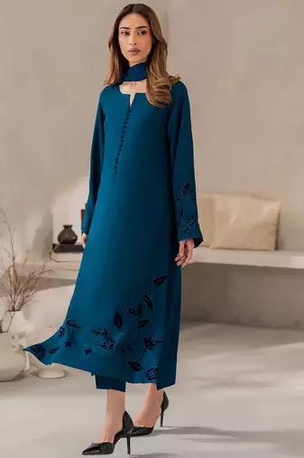 Blue chanderi silk heavy thread embroidery work kurta pant set