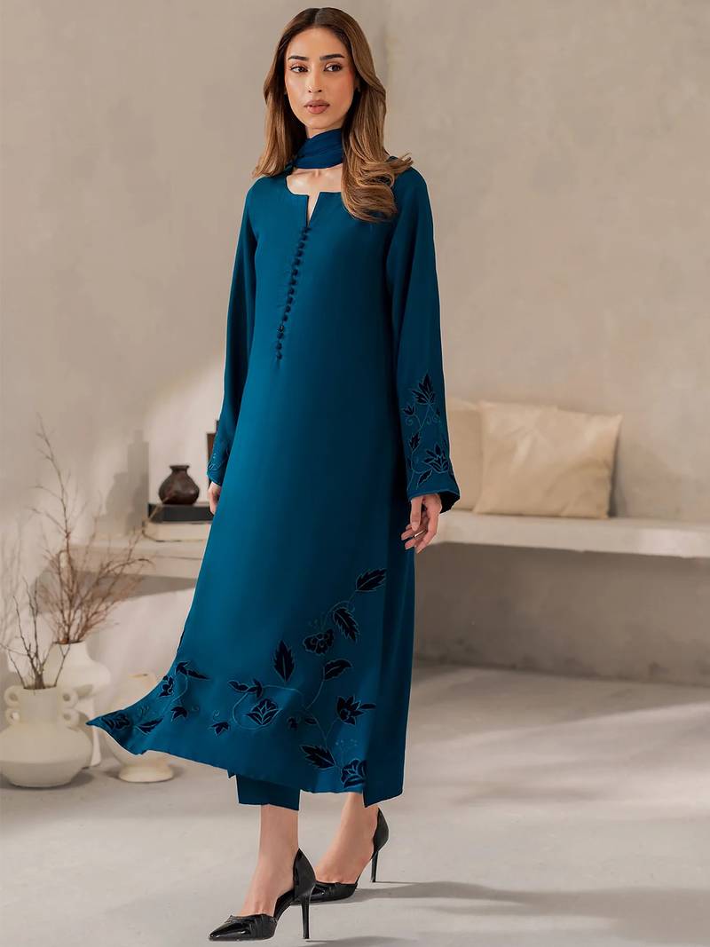 Blue chanderi silk heavy thread embroidery work kurta pant set