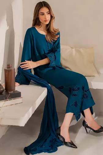 Blue chanderi silk heavy thread embroidery work kurta pant set