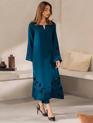 Blue chanderi silk heavy thread embroidery work kurta pant set 3