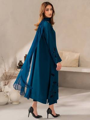 Blue chanderi silk heavy thread embroidery work kurta pant set 4