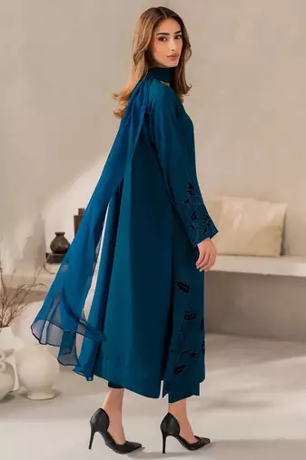 Blue chanderi silk heavy thread embroidery work kurta pant set