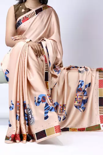 Cream color all over printed as image design work japan satin saree with unstitched blouse