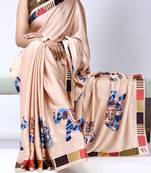 Cream color all over printed as image design work japan satin saree with unstitched blouse