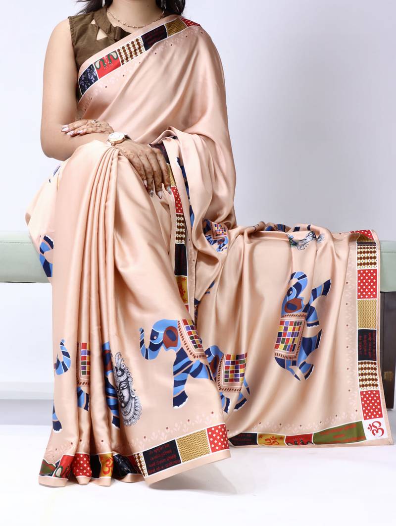 Cream color all over printed as image design work japan satin saree with unstitched blouse