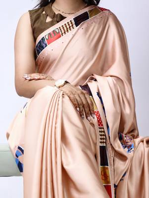 cream satin saree with folk printed designs 2