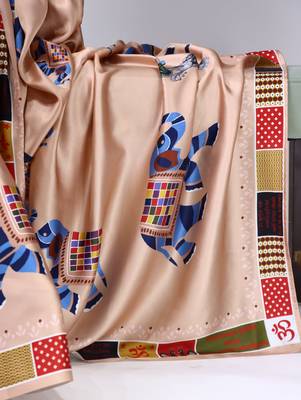 cream satin saree with folk printed designs 3