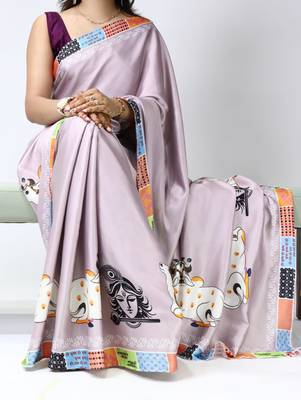 lavender satin saree with artistic printed design work 1