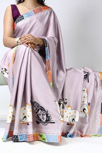 Silver color all over printed as image design work japan satin saree with unstitched blouse