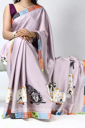 Silver color all over printed as image design work japan satin saree with unstitched blouse