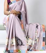 Silver color all over printed as image design work japan satin saree with unstitched blouse