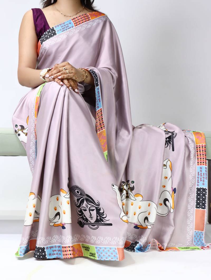 Silver color all over printed as image design work japan satin saree with unstitched blouse