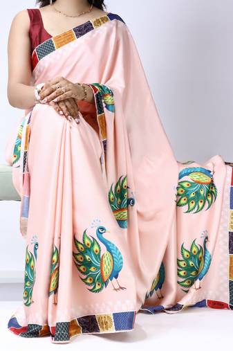 peach satin saree with floral printed design work