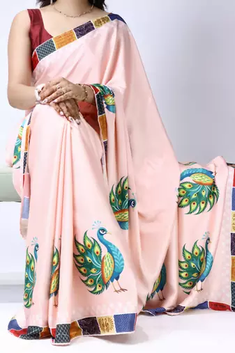 Peach color all over printed as image design work japan satin saree with unstitched blouse