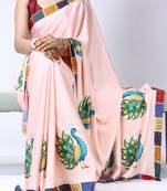 Peach color all over printed as image design work japan satin saree with unstitched blouse