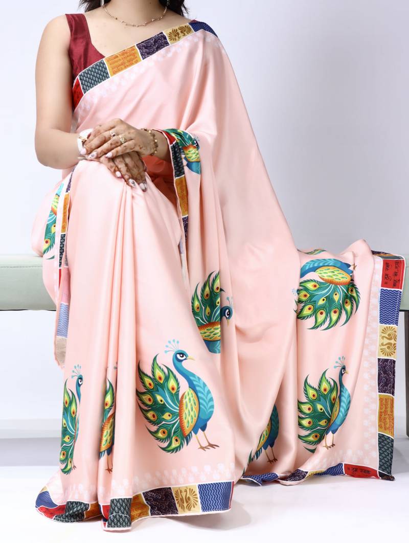Peach color all over printed as image design work japan satin saree with unstitched blouse
