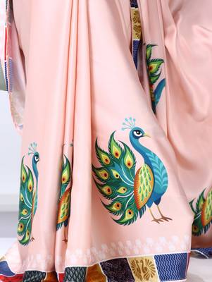 peach satin saree with floral printed design work 3